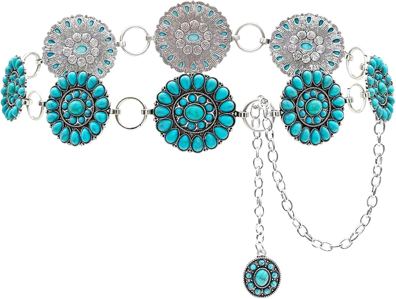 Boho Turquoise Concho Belt Silver Metal Western Turquoise Belts Waist Chain Belt for Women Dress | Amazon (US)