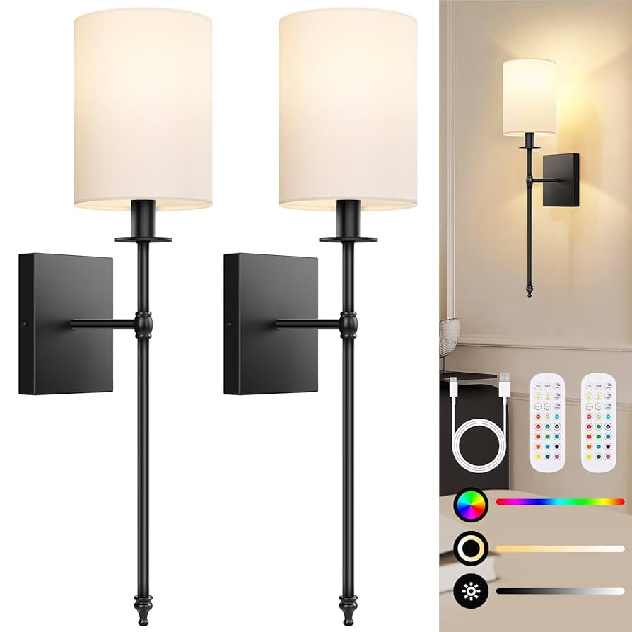 24.8 Inch Black Battery Operated Wall Sconces Set of 2, Rechargeable Wireless Wall Lights with Re... | Amazon (US)