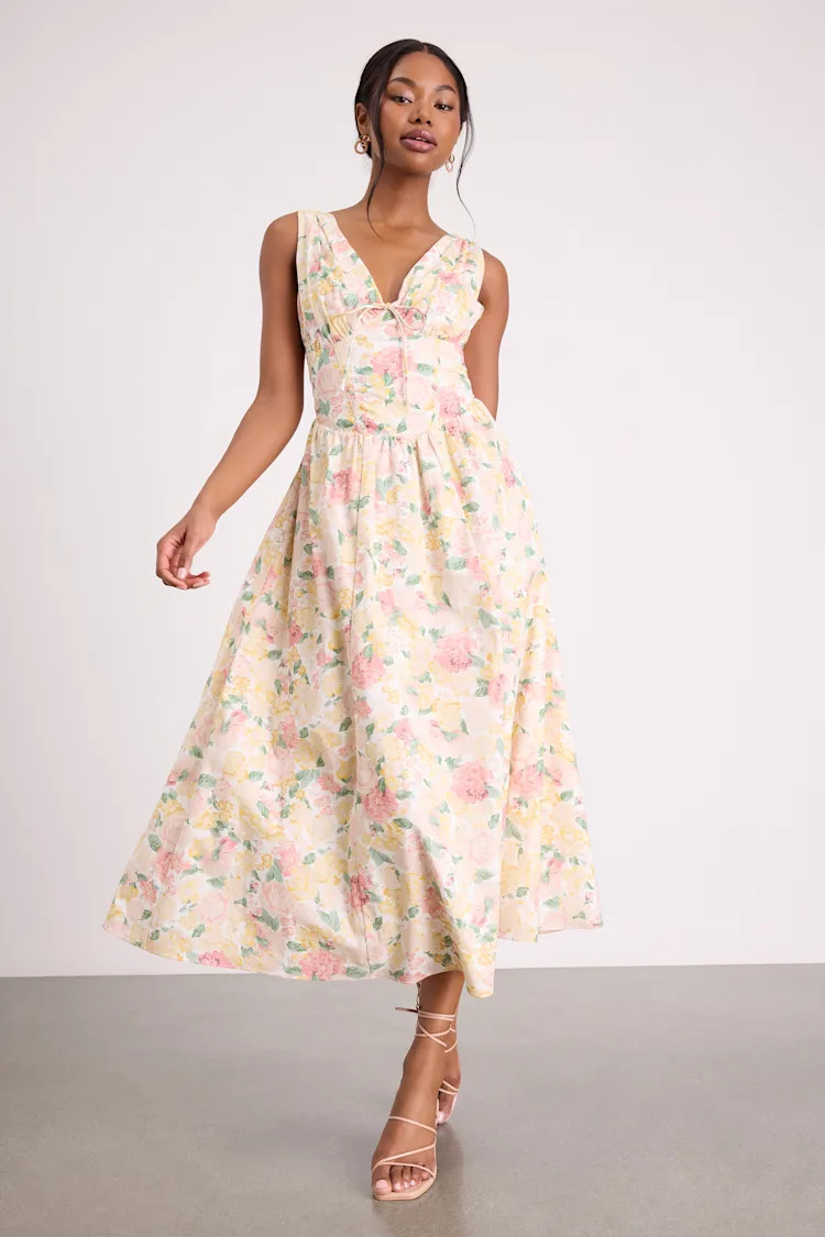 Lettie Ivory Multi Floral Poplin Plunge Neck Midi Dress | Lulus