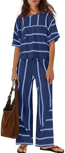 Nirovien Womens Striped Lounge Set 2 Piece Vacation Sets Short Sleeve Tops and Wide Leg Pants Tra... | Amazon (US)