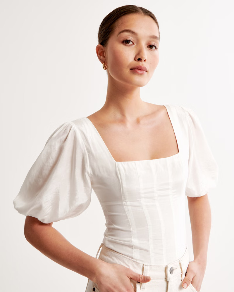 Puff Sleeve Shine Cotton Squareneck Top | Abercrombie & Fitch (US)
