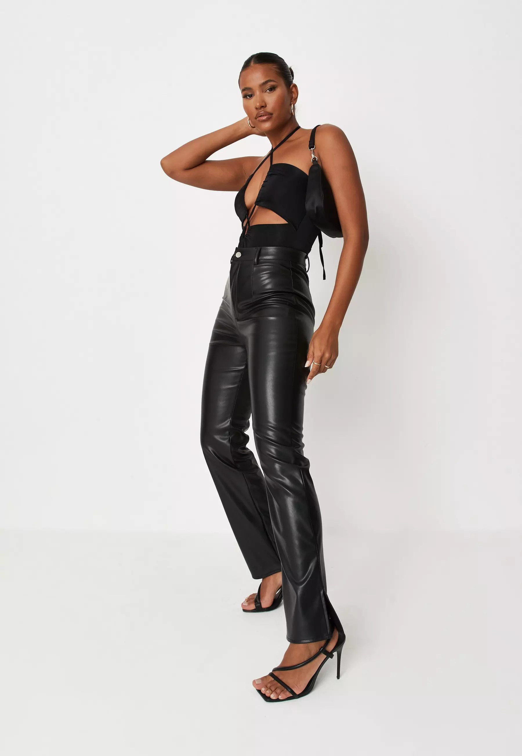 Missguided - Black Faux Leather Split Hem Straight Leg Pants | Missguided (US & CA)