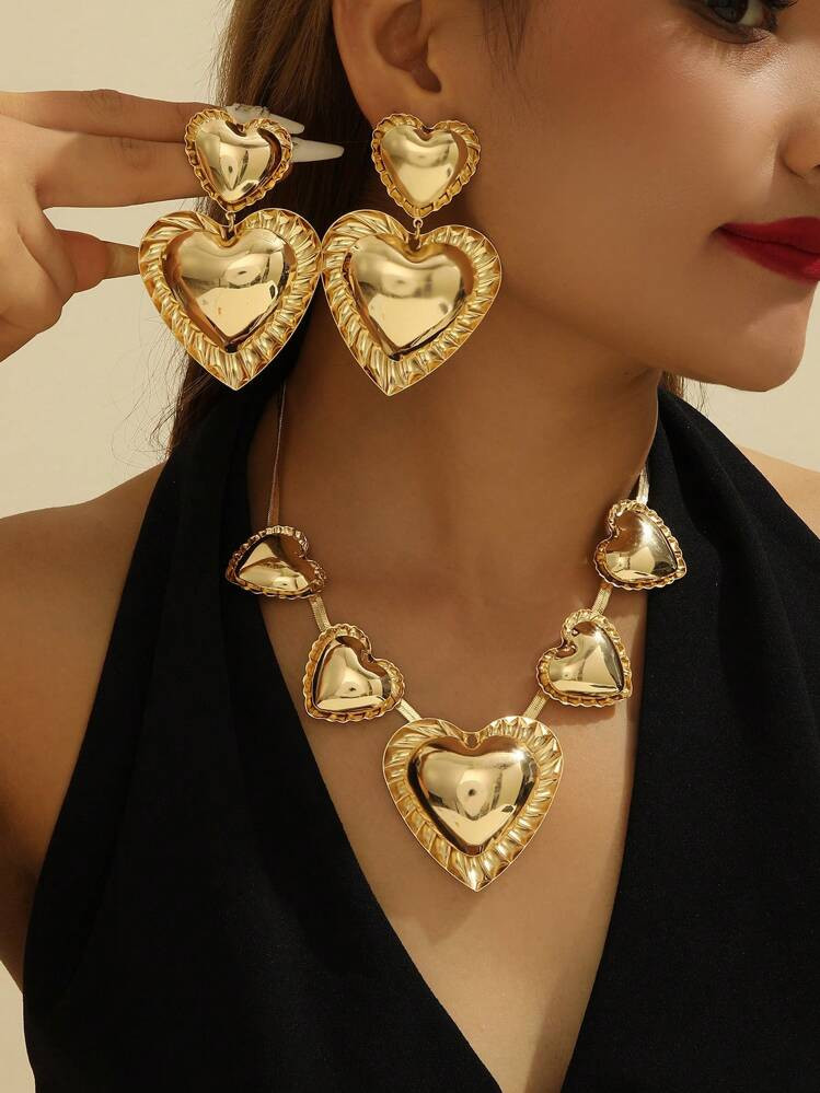 1 Pair Women's Geometric Polished Heart Shaped Exaggerated Long Metal Earrings, Gift For Girlfrie... | SHEIN