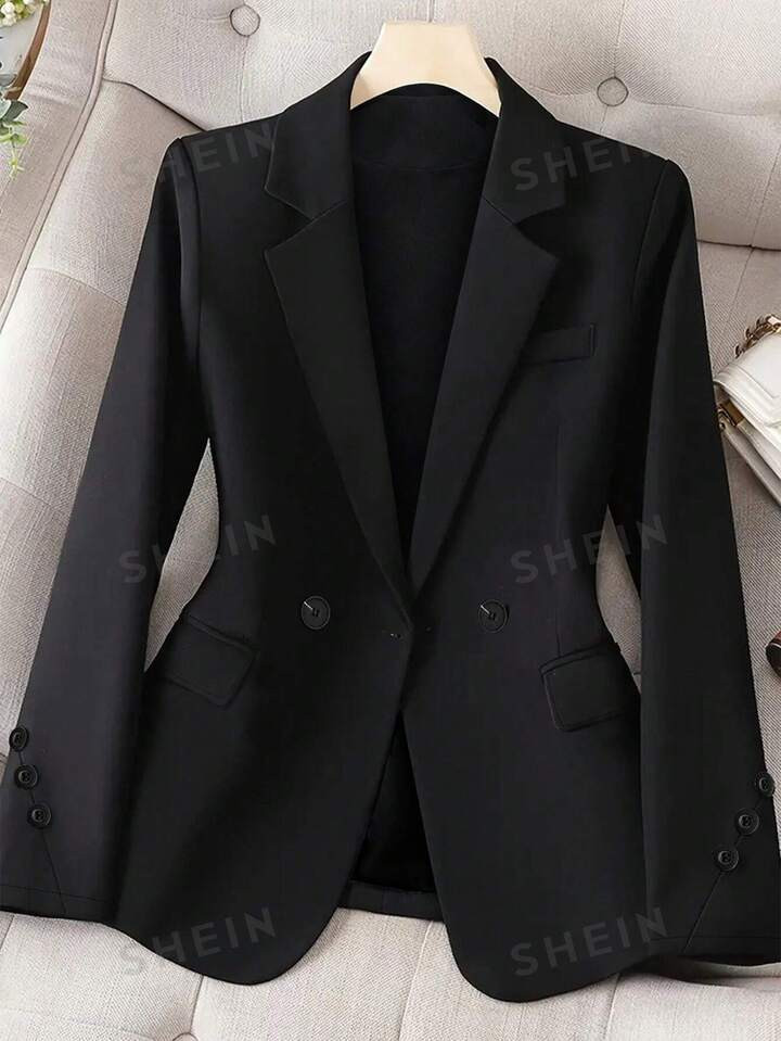 SHEIN Privé Chaqueta De Doble Botonadura Y Solapa Con Cinturón, Sólido De Colar Solapa | SHEIN