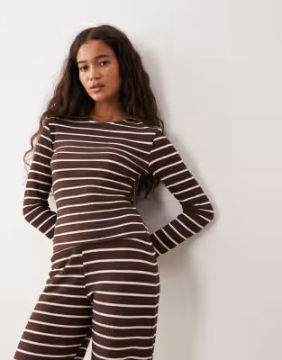 ASOS DESIGN rib long sleeve shrunken tee co-ord in choc stripe | ASOS (Global)