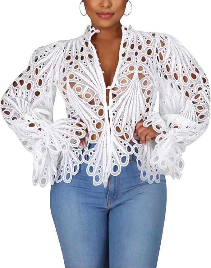 Women’s Sexy Puff Flare Long Sleeve Ruffled Tops Cute Shirt V Neck Hollow Out Button Down Lace ... | Amazon (US)