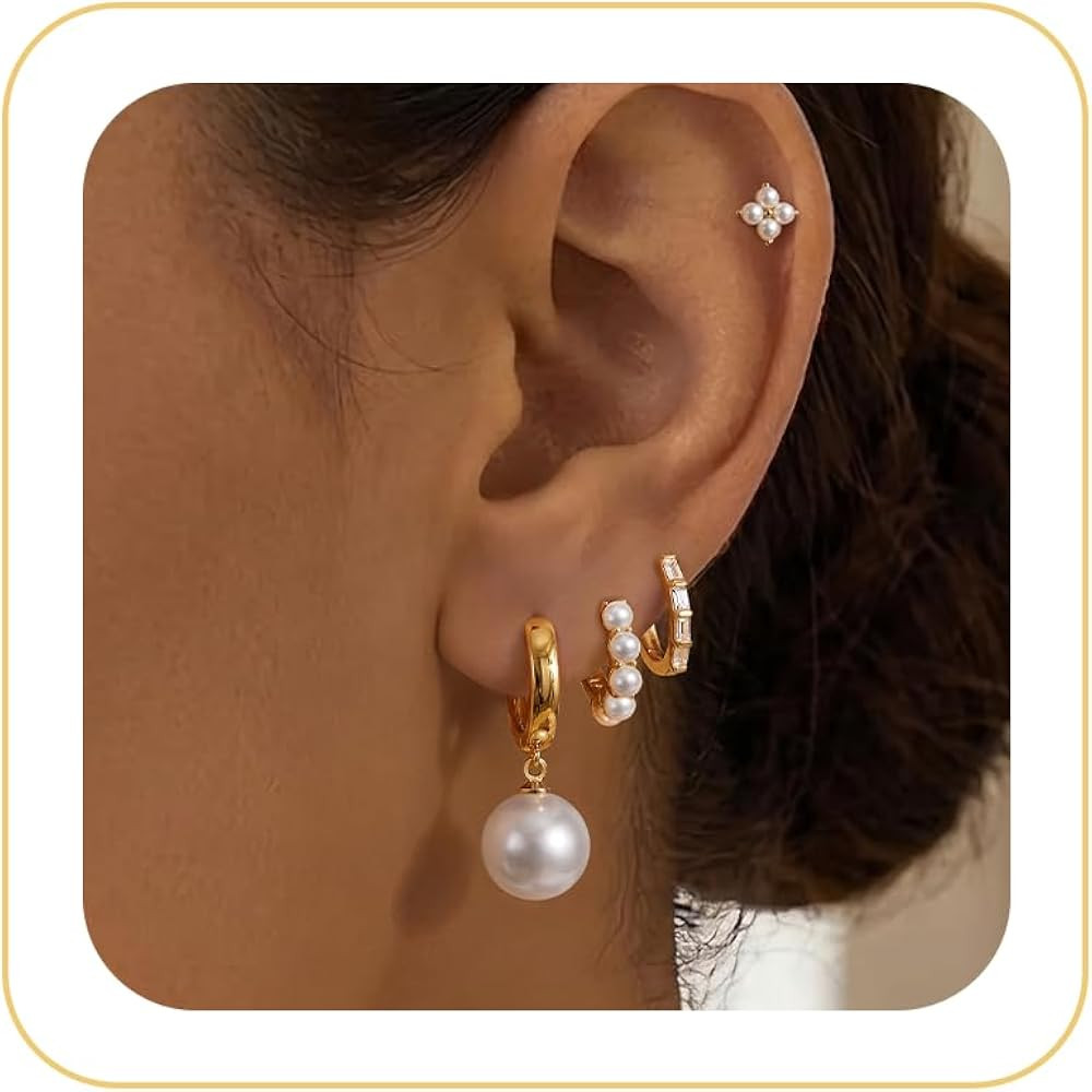 Gold Earrings for Women, 14K Plated Pearl Earring Stack Jewelry | Amazon (US)