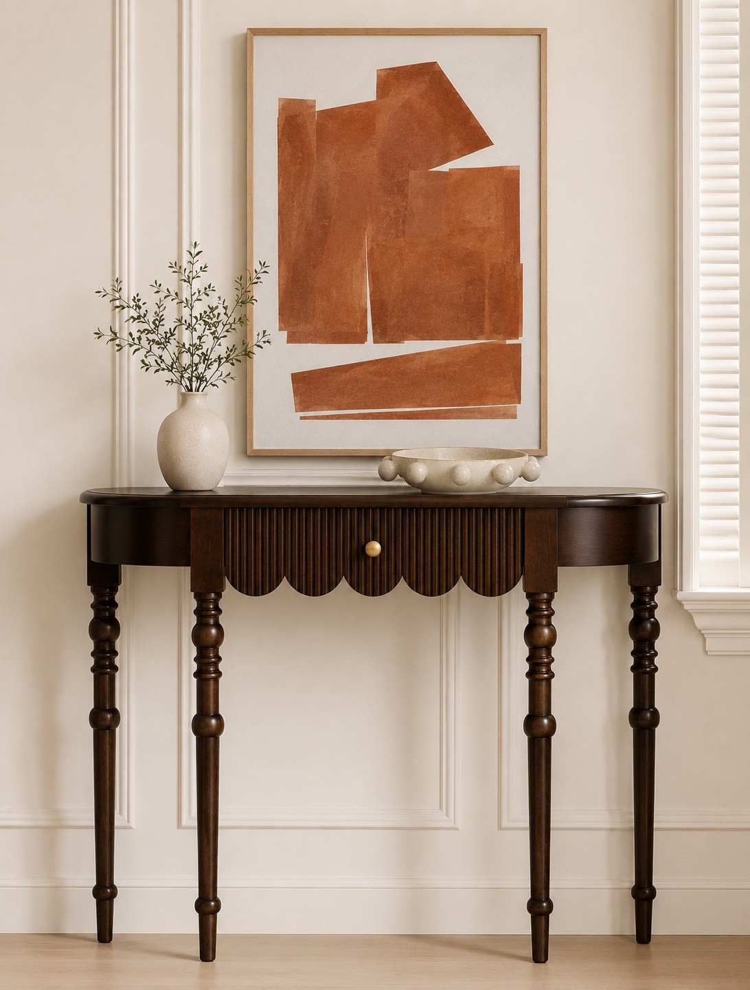 Elevated entryway styling with a warm, organic modern feel 🤎 This scalloped console table and decor are from Wayfair and give that high-end designer look without overcomplicating the space. Simple, minimal, and timeless styling that works in any home. Follow me on LTK for daily home decor finds and styling ideas.

#LTKHome #LTKSaleAlert