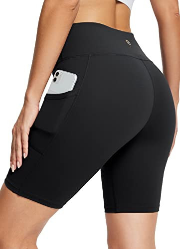 BALEAF Biker Shorts Women Yoga Gym Workout Spandex Running Volleyball Tummy Control Compression Shorts with Pockets Soft 8" Black XS | Amazon (US)