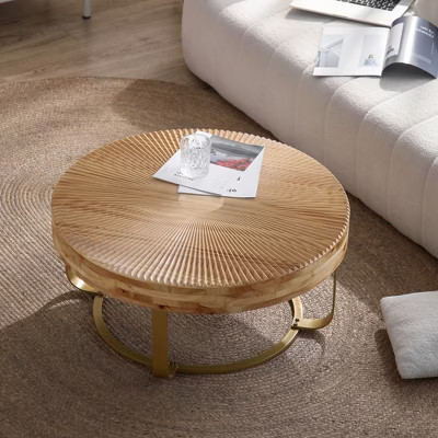 ORRD Modern Round Coffee Table, Wood Carving Pattern with Metal Legs for Living Room & Office, Golden | Target