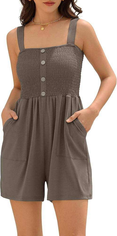 ZAFUL Womens Smocked Rompers Casual Short Jumpsuits Sleeveless Faux Button Vacation Clothes with ... | Amazon (US)