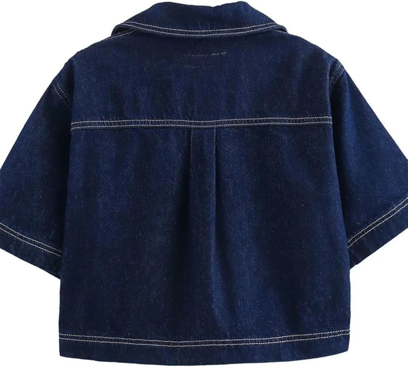 Women's Fashion Crop Denim Shirt Lapel Business Casual Work Jean Shirts Tops with Pockets | Amazon (US)