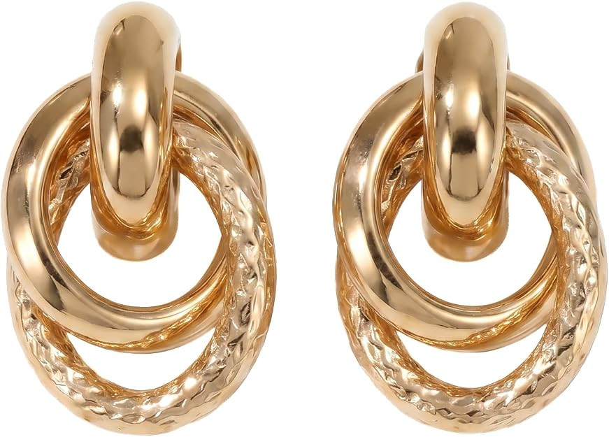 14K Gold Plated Textured Interlocking Double Ring Stud Earrings for Women, Modern Gold Statement ... | Amazon (US)