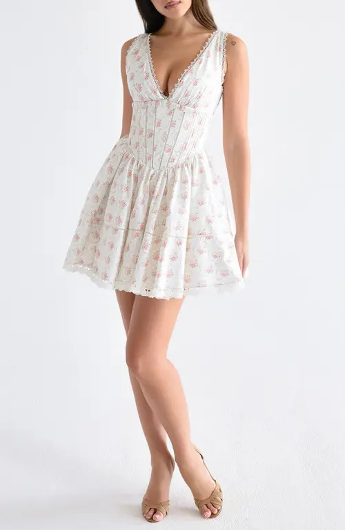HOUSE OF CB Salma Floral Print Minidress in Cream Rose at Nordstrom, Size Medium | Nordstrom