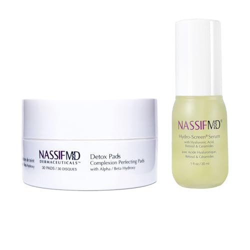 NassifMD Detox Pads & Hydro Screen Serum Bundle, Exfoliate & Hydrate, Glycolic Acid Pads & Retinol Serum, Face Exfoliating Pads & Ceramide Serum | Amazon (US)