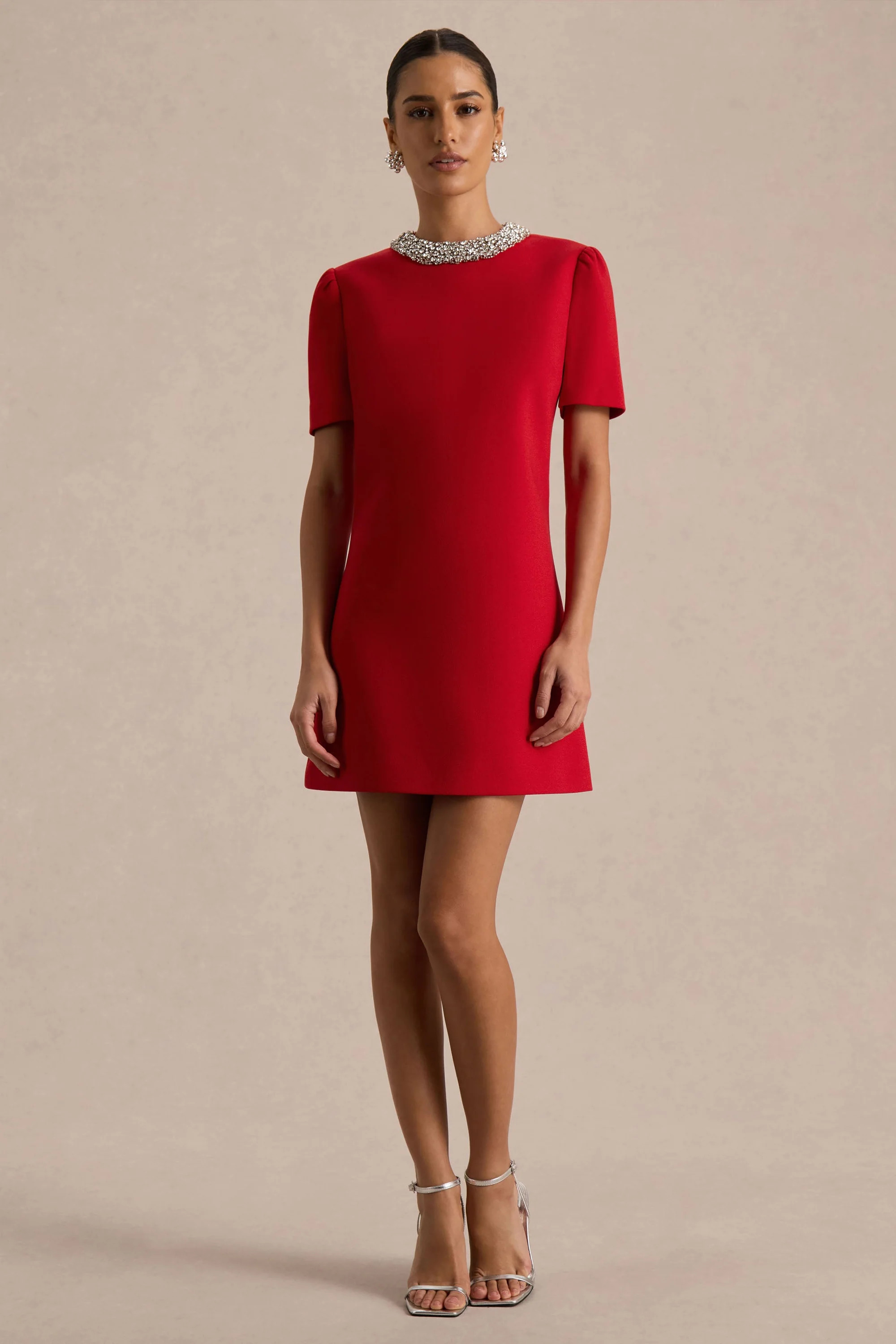 Jackie  Red Embellished High-Neck Mini Dress | Club L London
