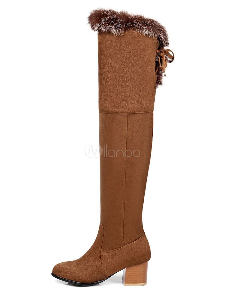 Brown Over Knee Boots Women Suede Boots Round Toe Winter Boots | Milanoo