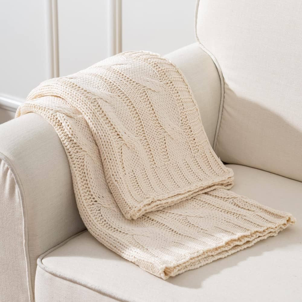 Battilo Cream Ivory Cable Knit Throw Blankets for Couch, Super Soft Warm Cozy Decorative Knitted ... | Amazon (US)