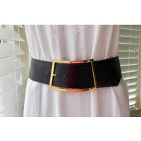 Vintage Black Leather Waist Belt Wide Waist Leather Cinch Contour Large Art Deco Gold Buckle Boho Ch | Etsy (US)