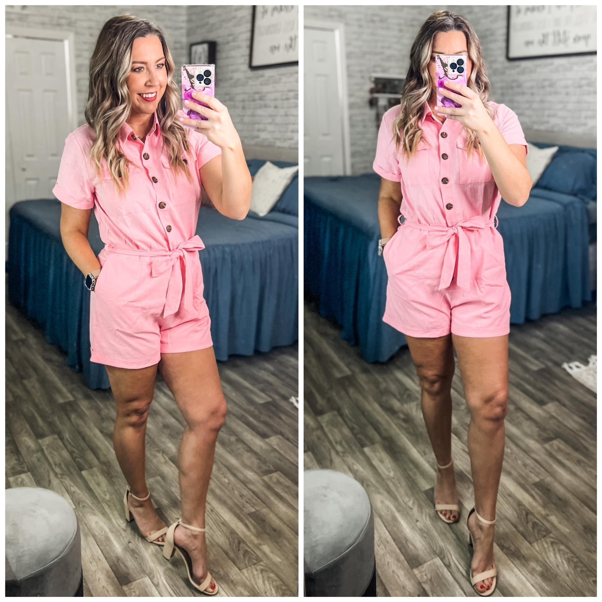 My new Grapent romper is so nice!It has functional buttons, pockets, and a removable sash. There’s over 15 color options too (mine is the candy pink). True to size, I’m in the medium!