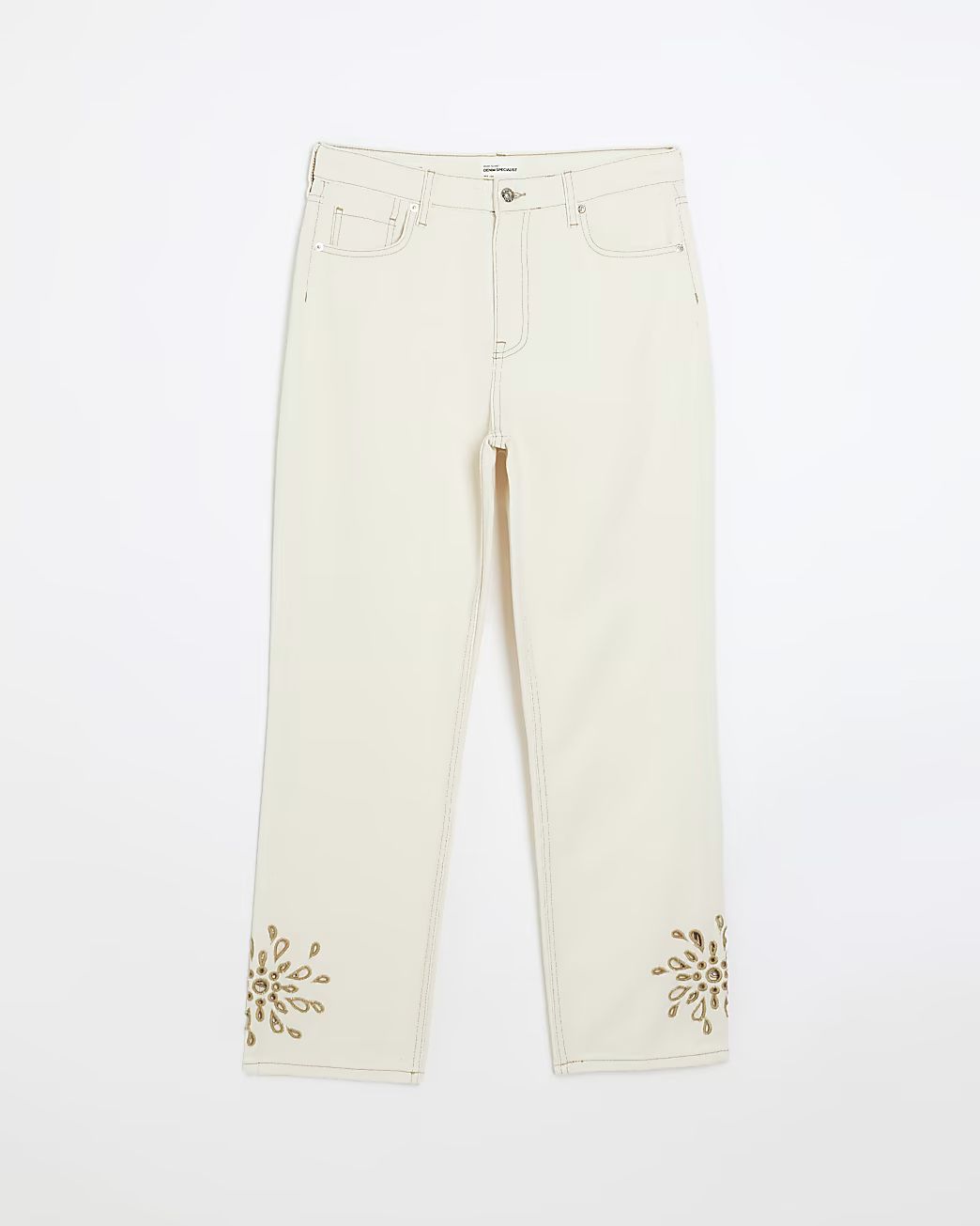 Ecru straight fit embroidered jeans | River Island (UK & IE)