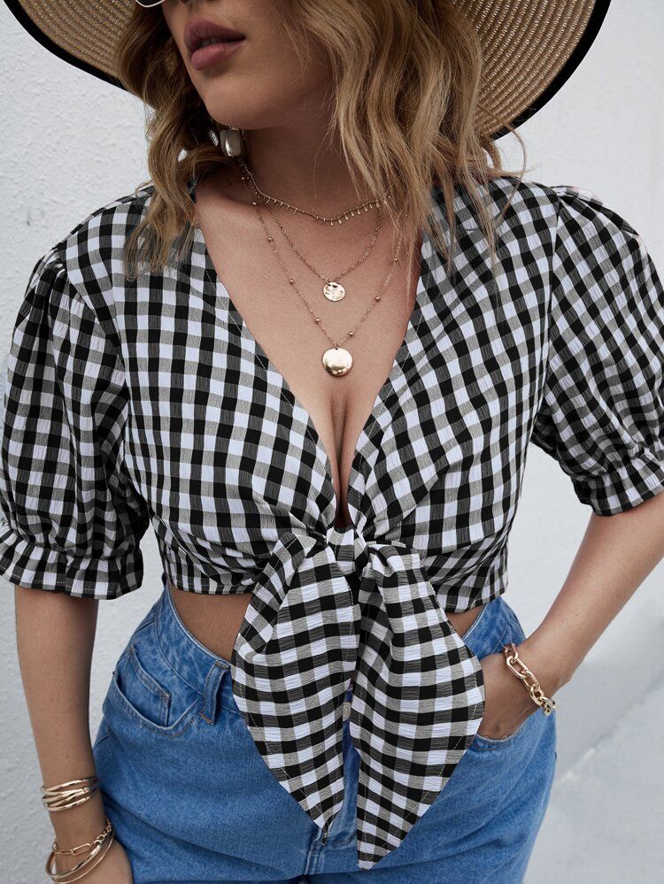 Plus Tie Front Gingham Top | SHEIN