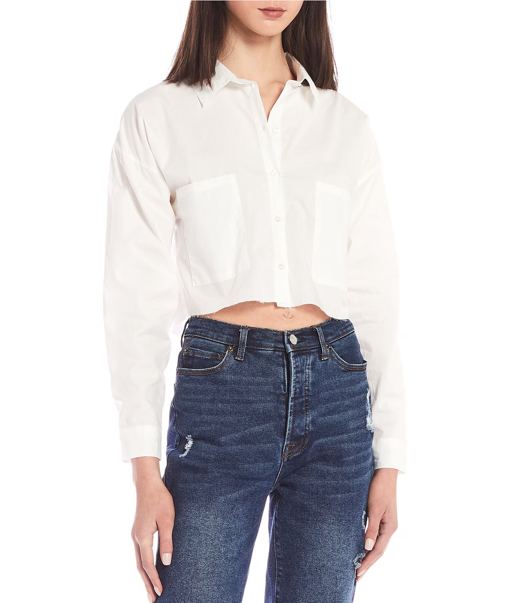 Long Sleeve Raw Hem Cropped Button Front Top | Dillard's