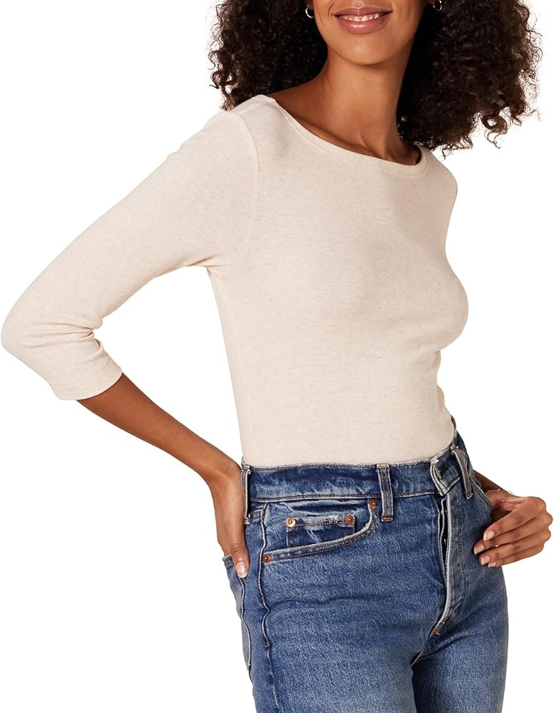 Amazon Essentials Women's Slim-Fit 3/4 Sleeve Boat Neck Cotton Modal Micro Rib T-Shirt | Amazon (US)
