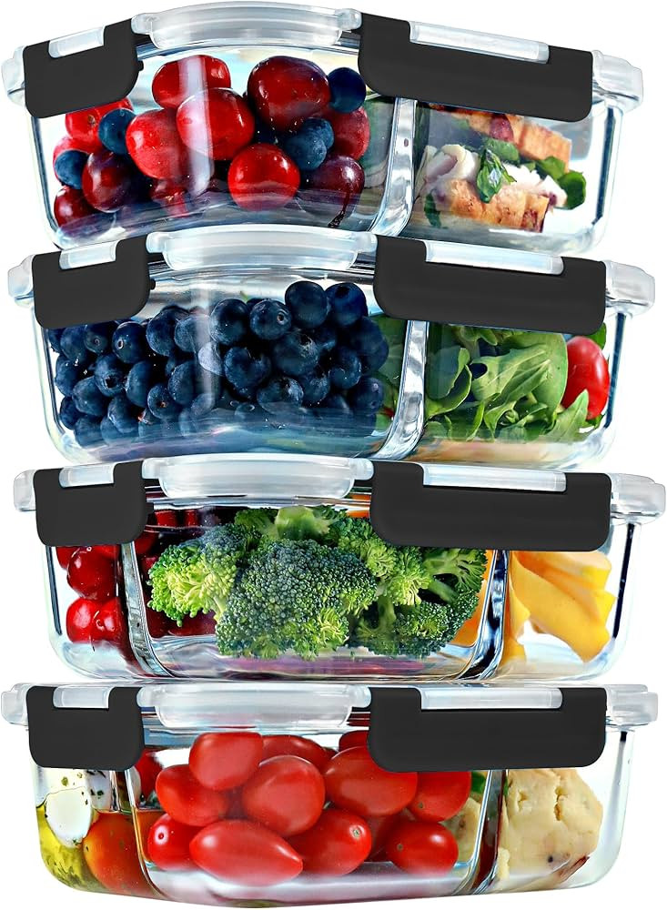 FIT Strong & Healthy Glass Meal Prep Containers, 2 & 3 Compartments - Portion Control, Lunch Cont... | Amazon (US)