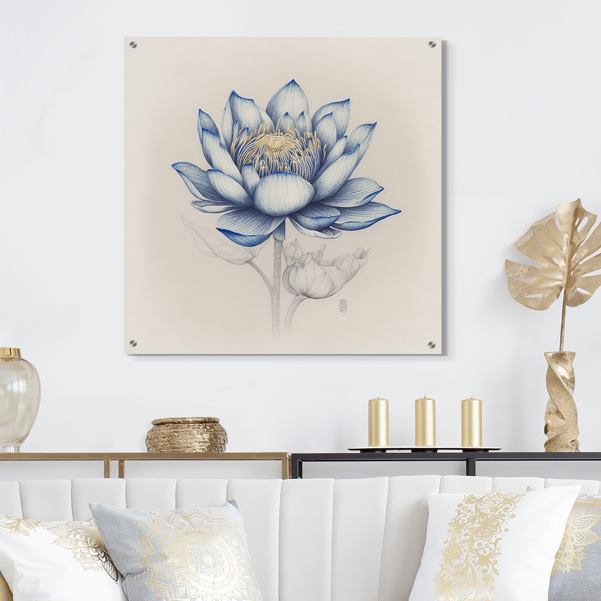 Designart "Vintage Blue Lotus II" Lotus Gloss Wall Decor Blue - Modern Acrylic Wall Art For Living Room | Bed Bath & Beyond