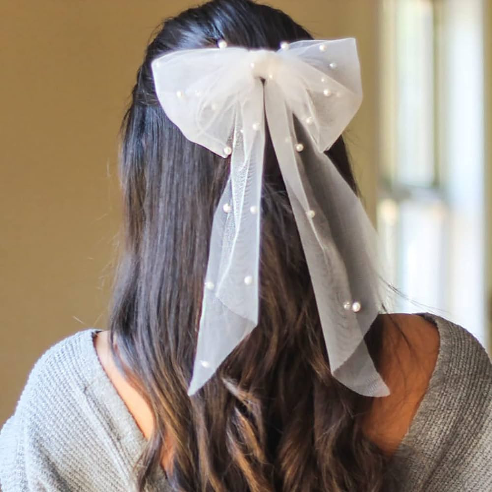Jeairts Bridal Hair Bow Veil Pearl Wedding Hair Piece White Tulle Bow with Clip Bachelorette Part... | Amazon (US)