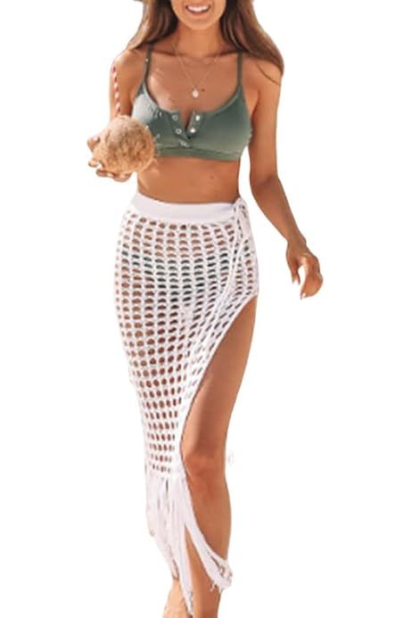 Women Sexy Hollow Out Mesh Tassle Skirts Beach Cover Up Summer Fish Net Swimsuit Wrap Sheer Maxi Sar | Amazon (US)