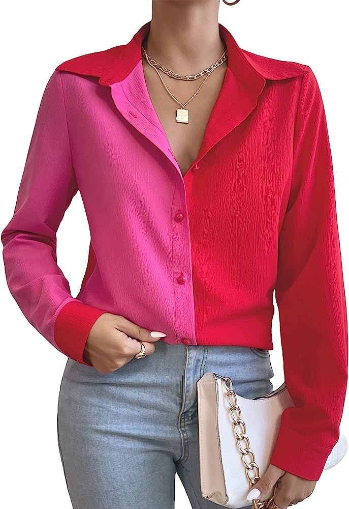 WDIRARA Women's Colorblock Button Up Shirt Collared Long Sleeve Blouse Top | Amazon (US)