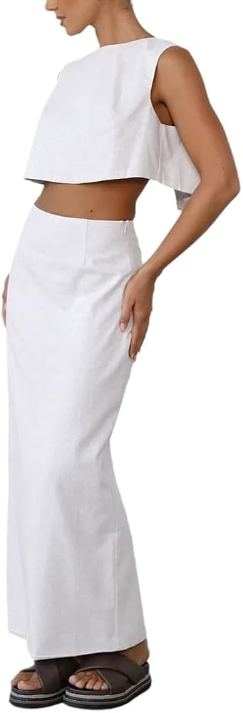 Wuitrie Womens Skirt Set White Sexy Backless Sleeveless Crop Top High Waist Linen Long Skirt Summ... | Amazon (US)