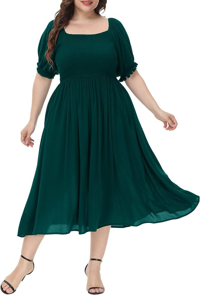 ALLEGRACE Plus Size Dress for Women Boho Floral Square Neck Summer Casual Flowy Party Beach Maxi ... | Amazon (US)