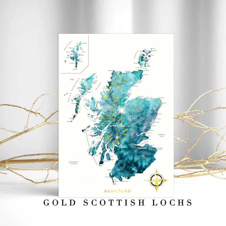 Map of Scotland with Gold Lochs Watercolour Art Print | Thoughtful Gift for Him | Scottish Wall A... | Etsy (US)