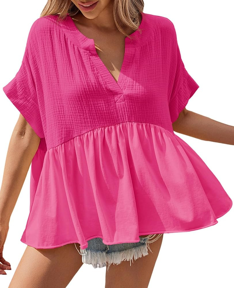 Tankaneo Womens Summer Babydoll Tops V Neck Short Sleeve Pleated Flowy Shirts Casual Loose Fit Pe... | Amazon (US)
