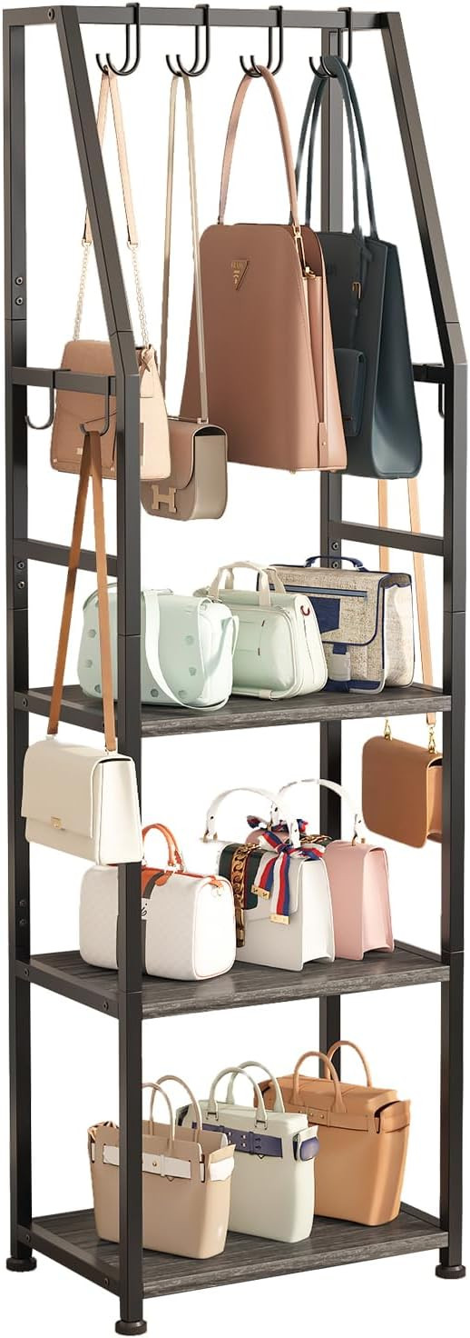 Tall Narrow Purse Organizer for Closet, 3-Tier Floor Standing Handbag Storage Rack with 8 Adjusta... | Amazon (US)
