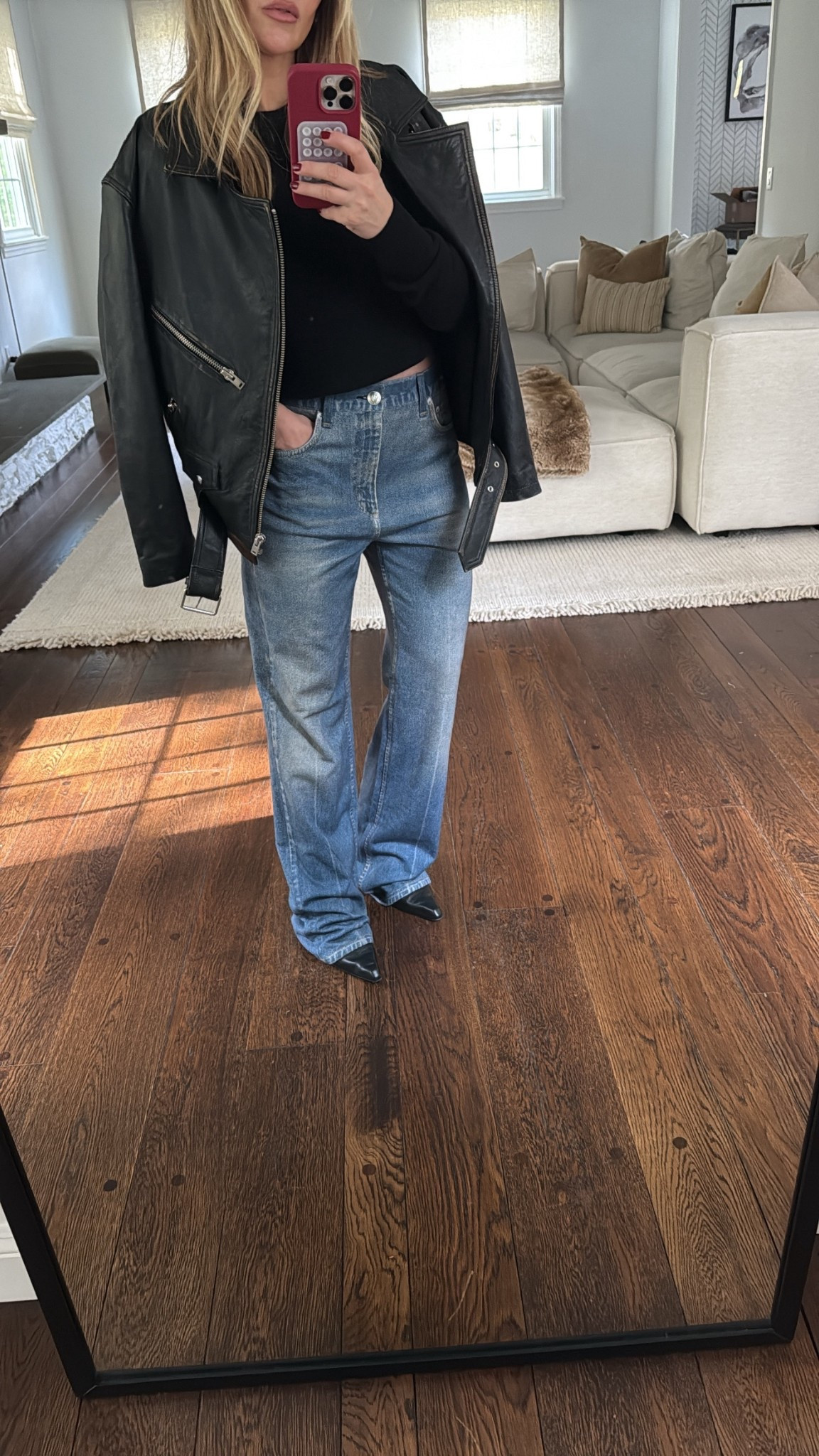 Jeans (sweats!) size 25 tts 
Leather jacket 32
Sweater Xs 