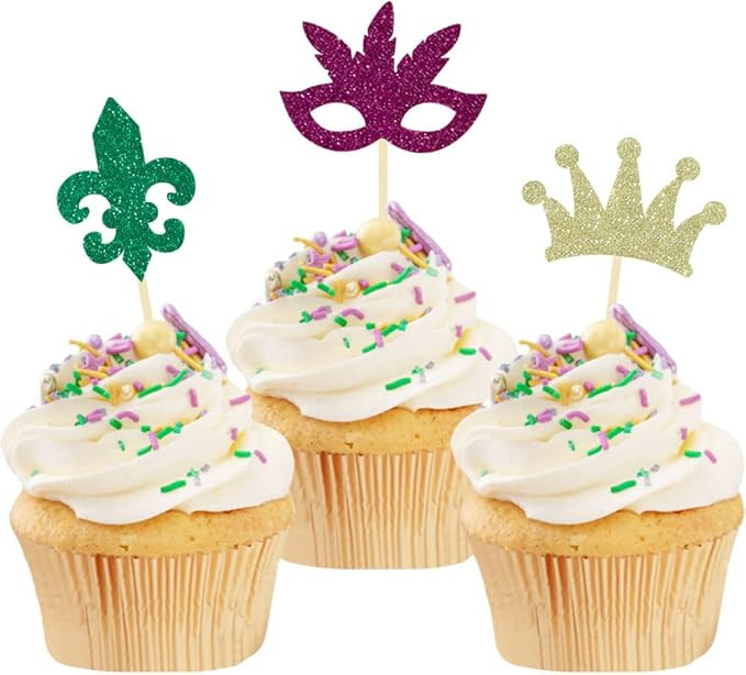 24 Pcs Mardi Gras Cupcake Toppers, Glitter Masquerade Masks Cupcake Toppers for Masquerade Mardi ... | Amazon (US)