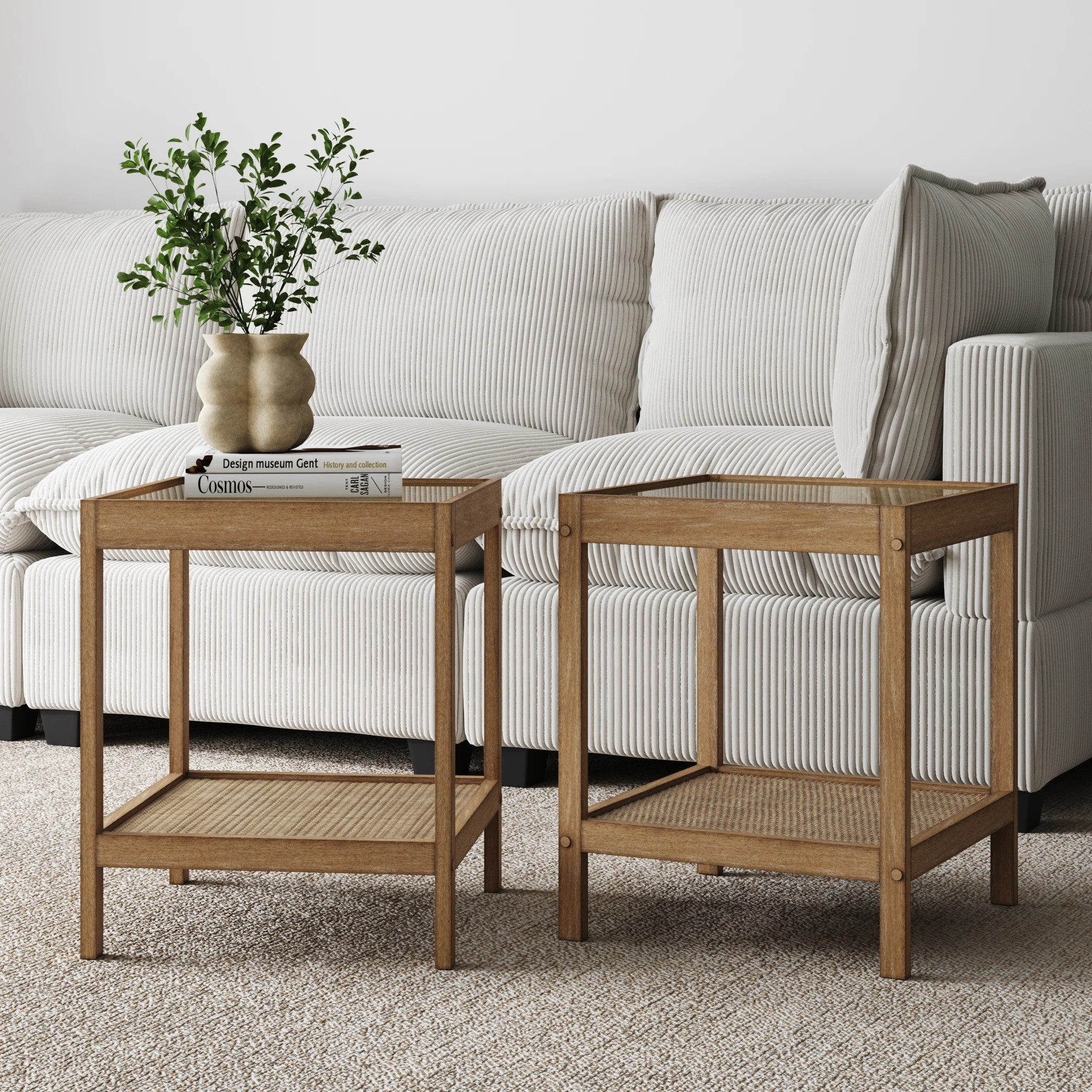 Solid Wood Rattan & Glass End Table Set of 2 | Nathan James