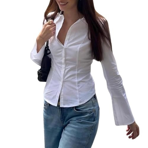 Women Preppy Button Up Shirt Y2k Long Sleeve Coquette Babydoll Blouse Vintage V Neck Collared Top Aesthetic Work Tops (Ruched White, M) | Amazon (US)