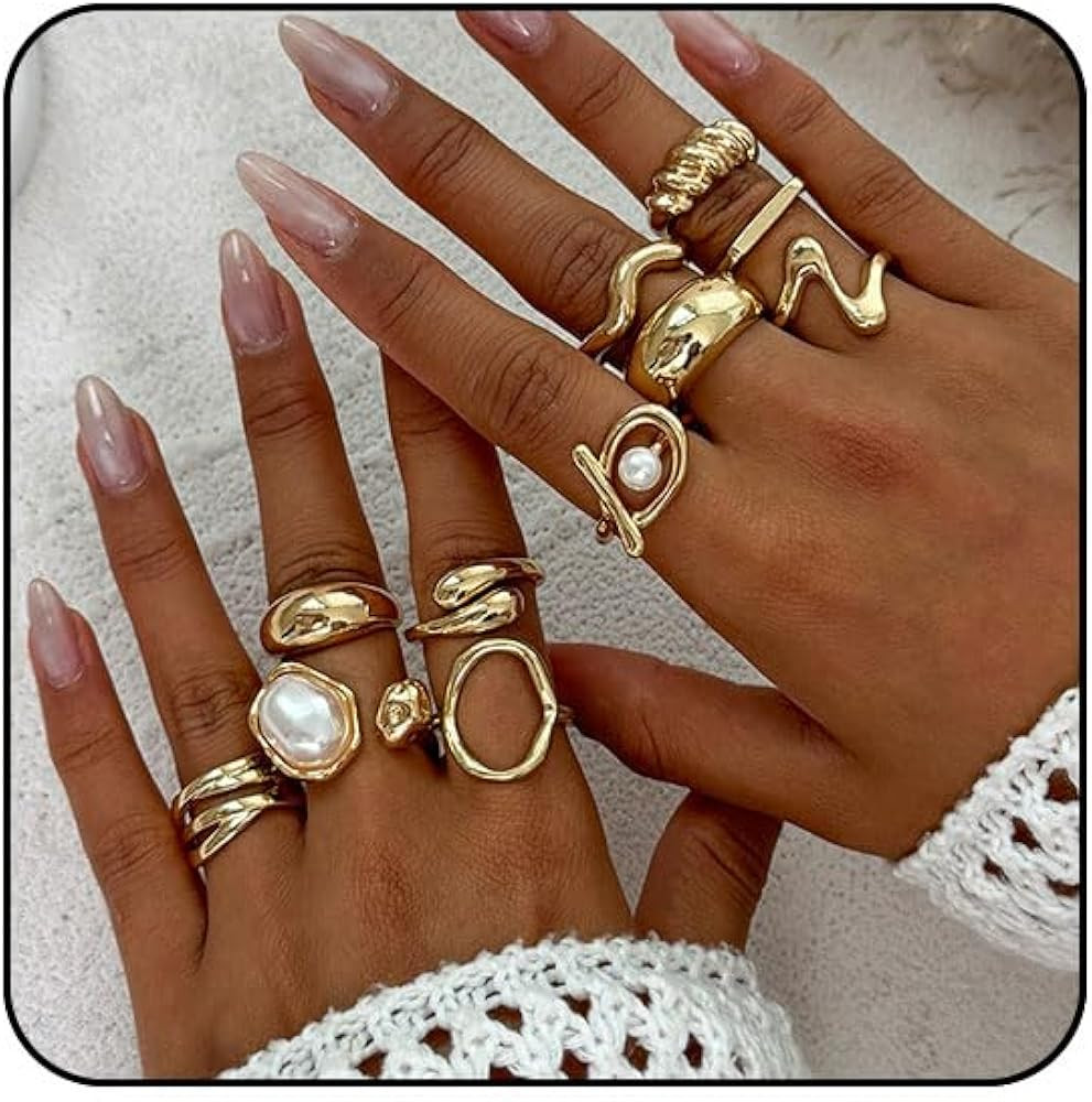 Gold Rings for Women Chunky Silver Rings Set Adjustable Baroque Pearl Ring Stacking Thumb Ring We... | Amazon (US)