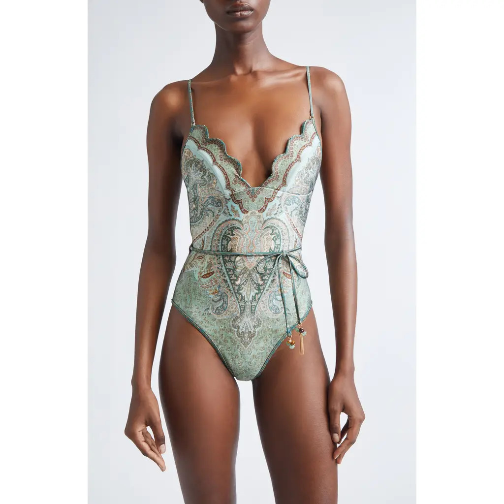 Zimmermann Wanderlust Scalloped One-Piece Swimsuit in Tapestry Teal Multi at Nordstrom, Size 4 | Nordstrom