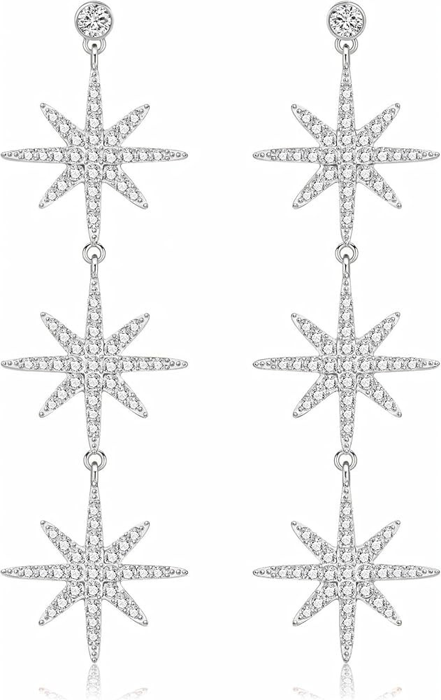 Blingsoul 3 Star Snowflake Earring - Silver Star Hexagonal Snowflakes Dangling Gold Bride Earring... | Amazon (US)
