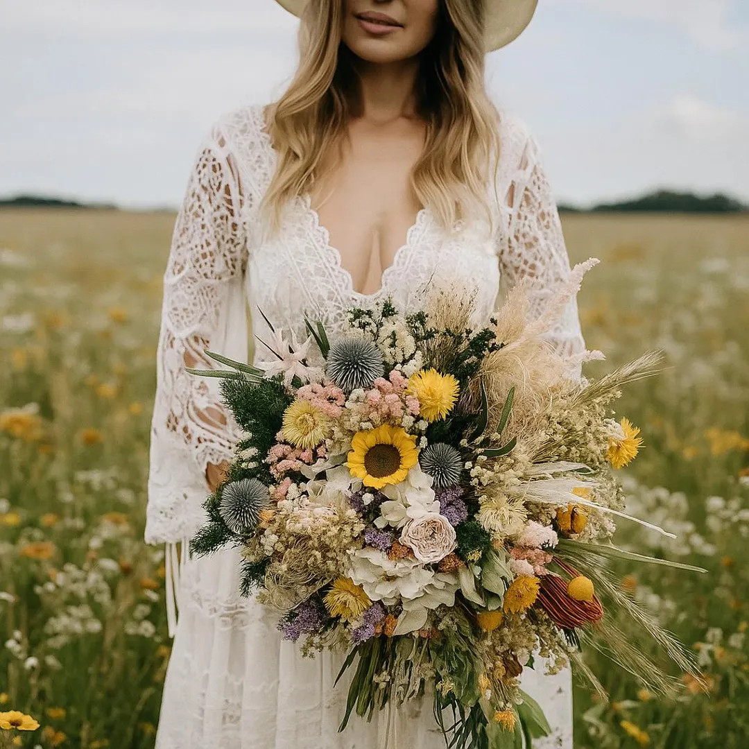 Sunflower Cascading Wedding Bouquet, Dried Flowers Bridal Bouquet, Rust Spring Wildflowers Bouque... | Etsy (US)