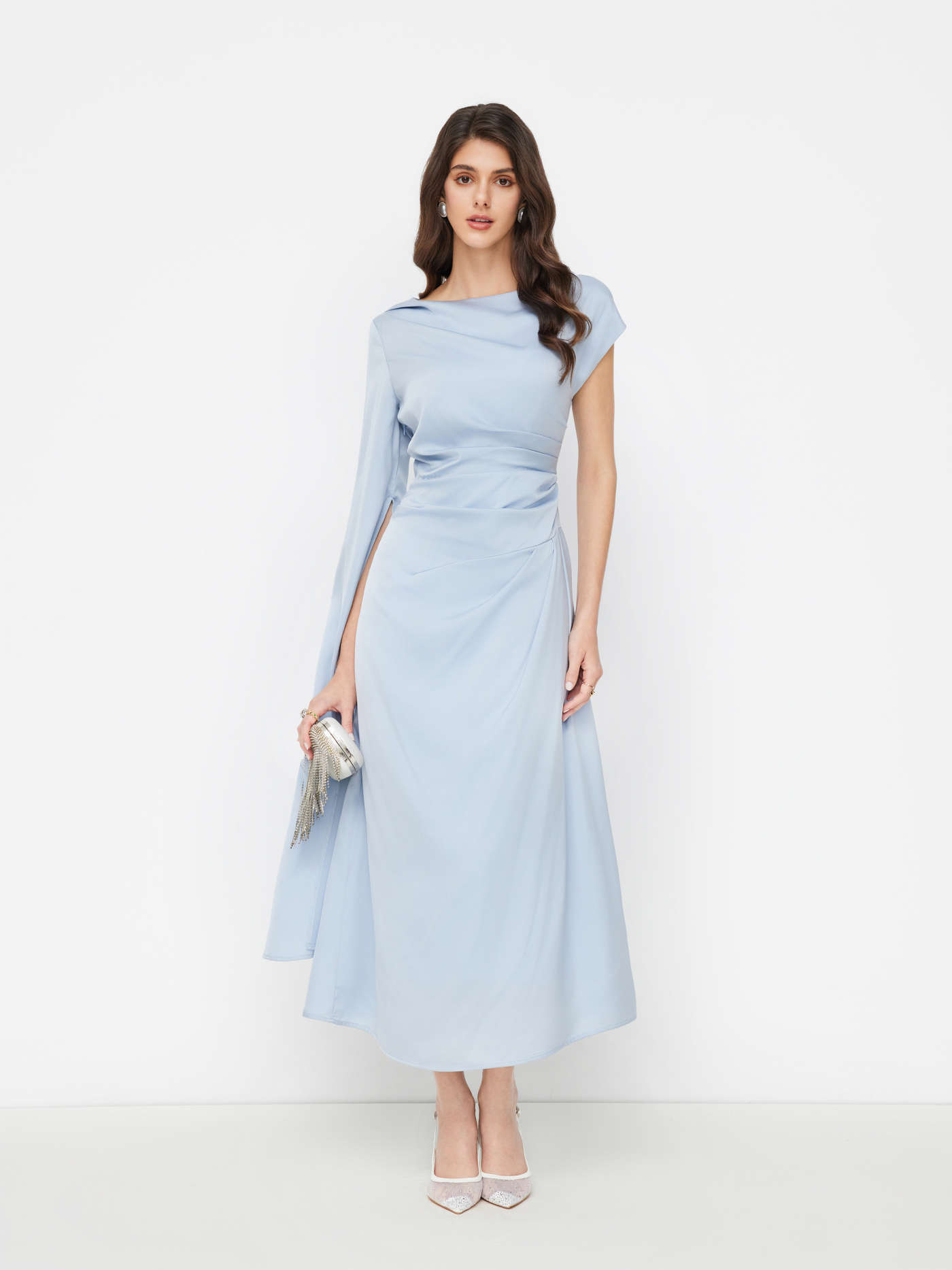 Satin Boat Neck Pleated Asymmetrical Sleeve Maxi Dress | Cider