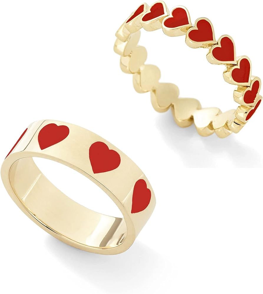 Caiyao 2 Pcs Colorful Enamel Cute Sweet Heart Plain Stackable Finger Ring Gold Band Rings Set Fri... | Amazon (US)