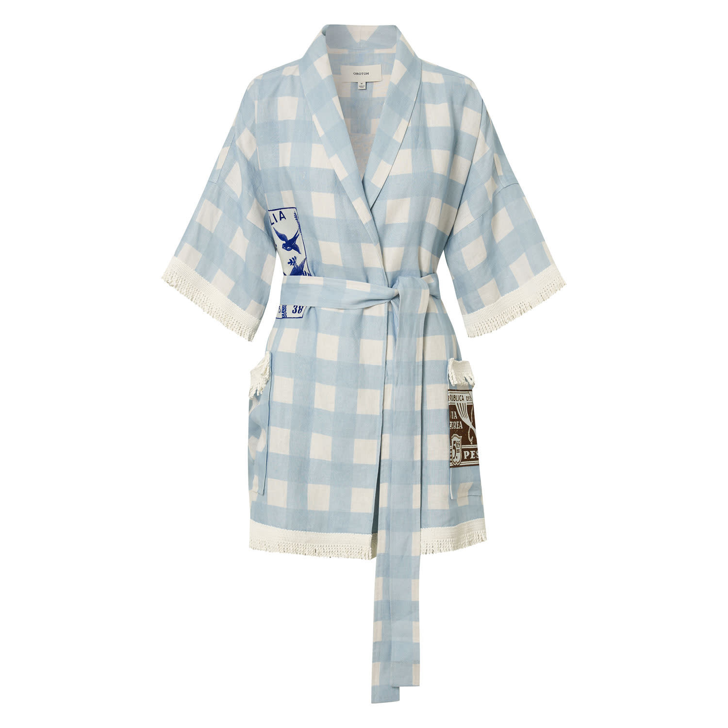 Patched Gingham Robe - Pale Blue | Oroton | Oroton