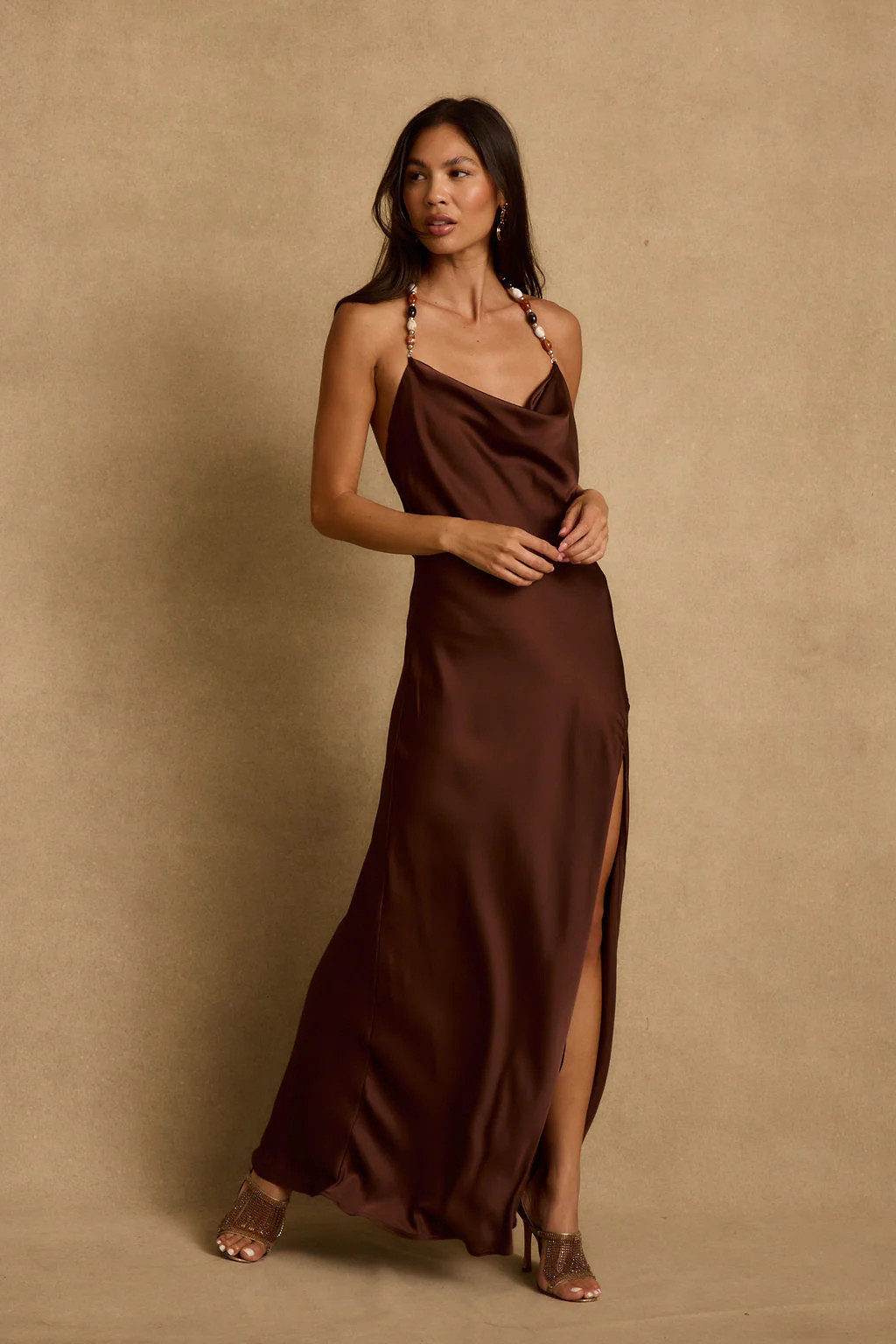 Fina Mocha Satin Maxi Dress XL | 12th Tribe